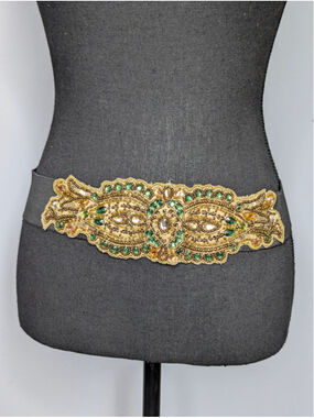 Kimchi Blue Beaded Waist Belt Gold Green Jewel Embellished Elastic Stretch M